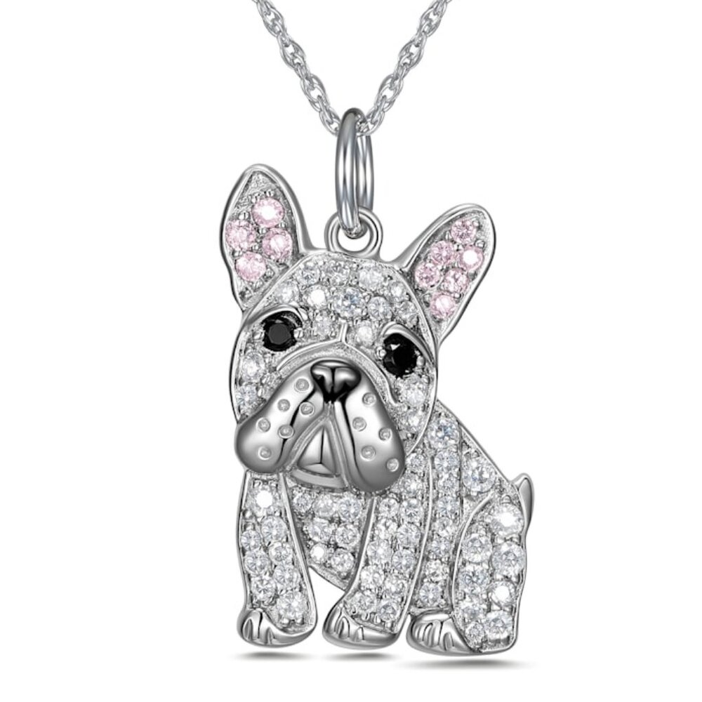 French Bulldog Dog Lovers CZ Rhinestone Rhodium Plated Silver Pendant Necklace